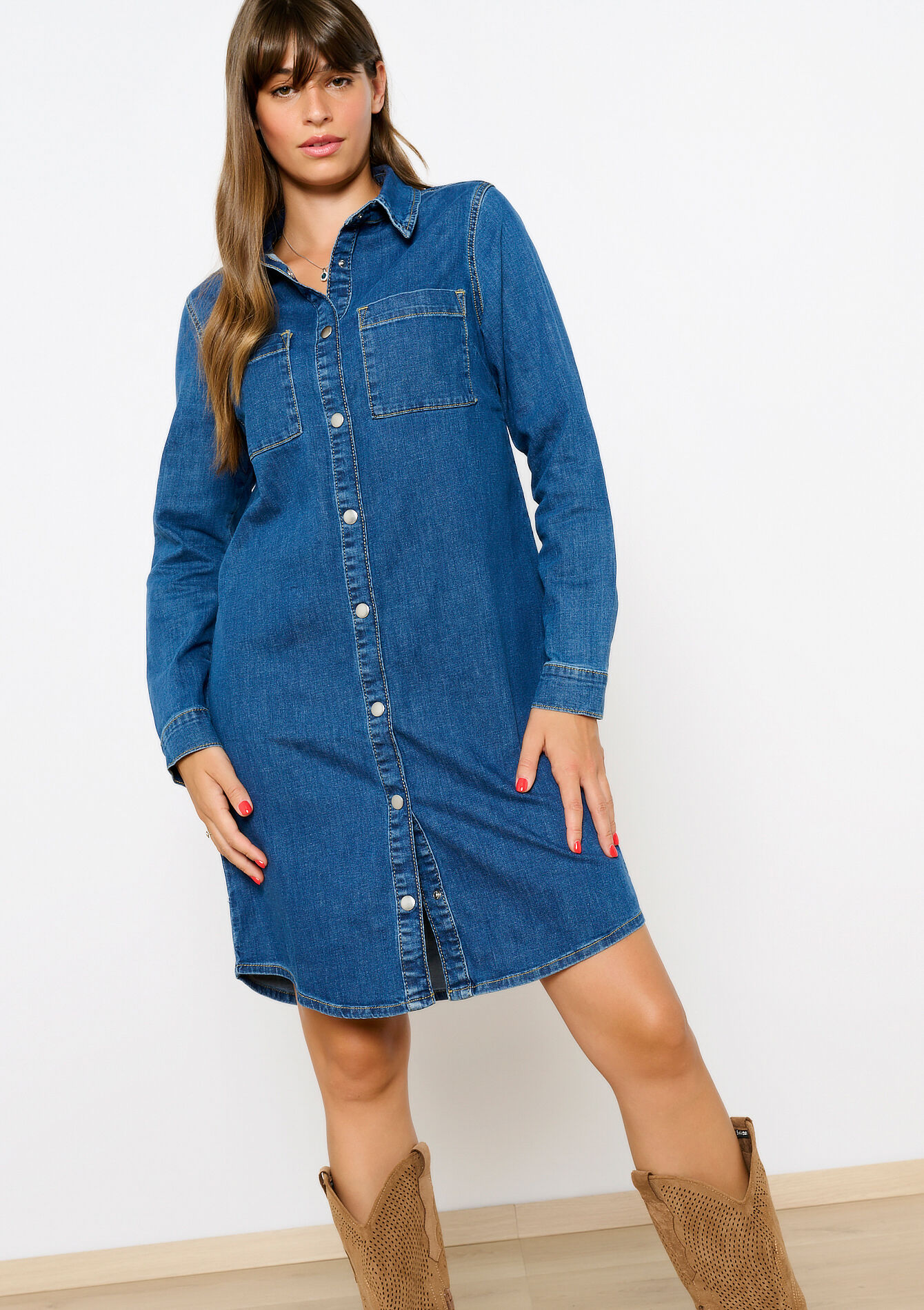 Straight denim dress, , back