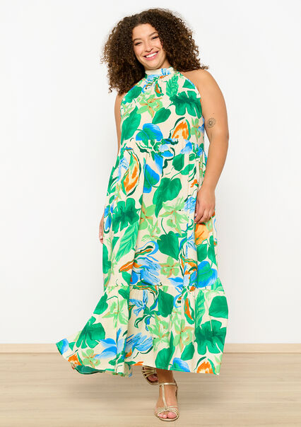 Halter dress with tropical print - OPTICAL WHITE - 08103745_1019
