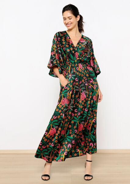 Satin dress with floral print - BLACK - 08602317_1119