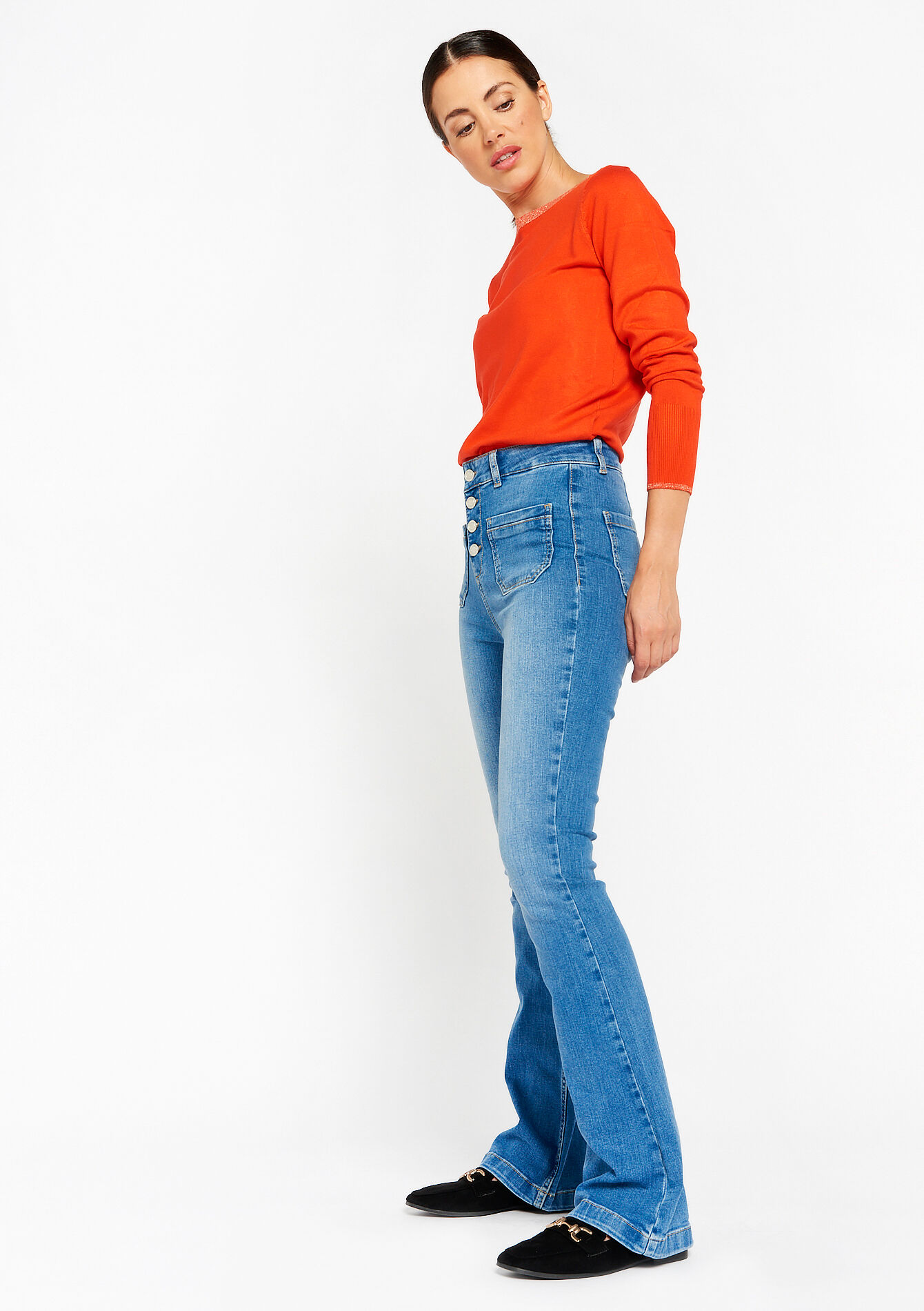 High-waisted flared jeans, , front