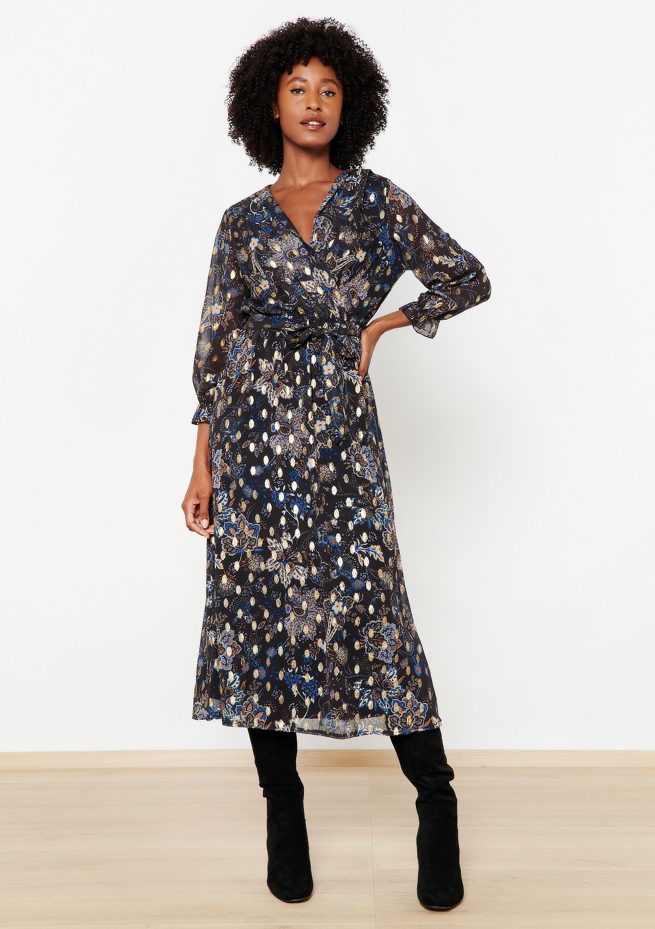 Wrap dress with paisley foil, , back