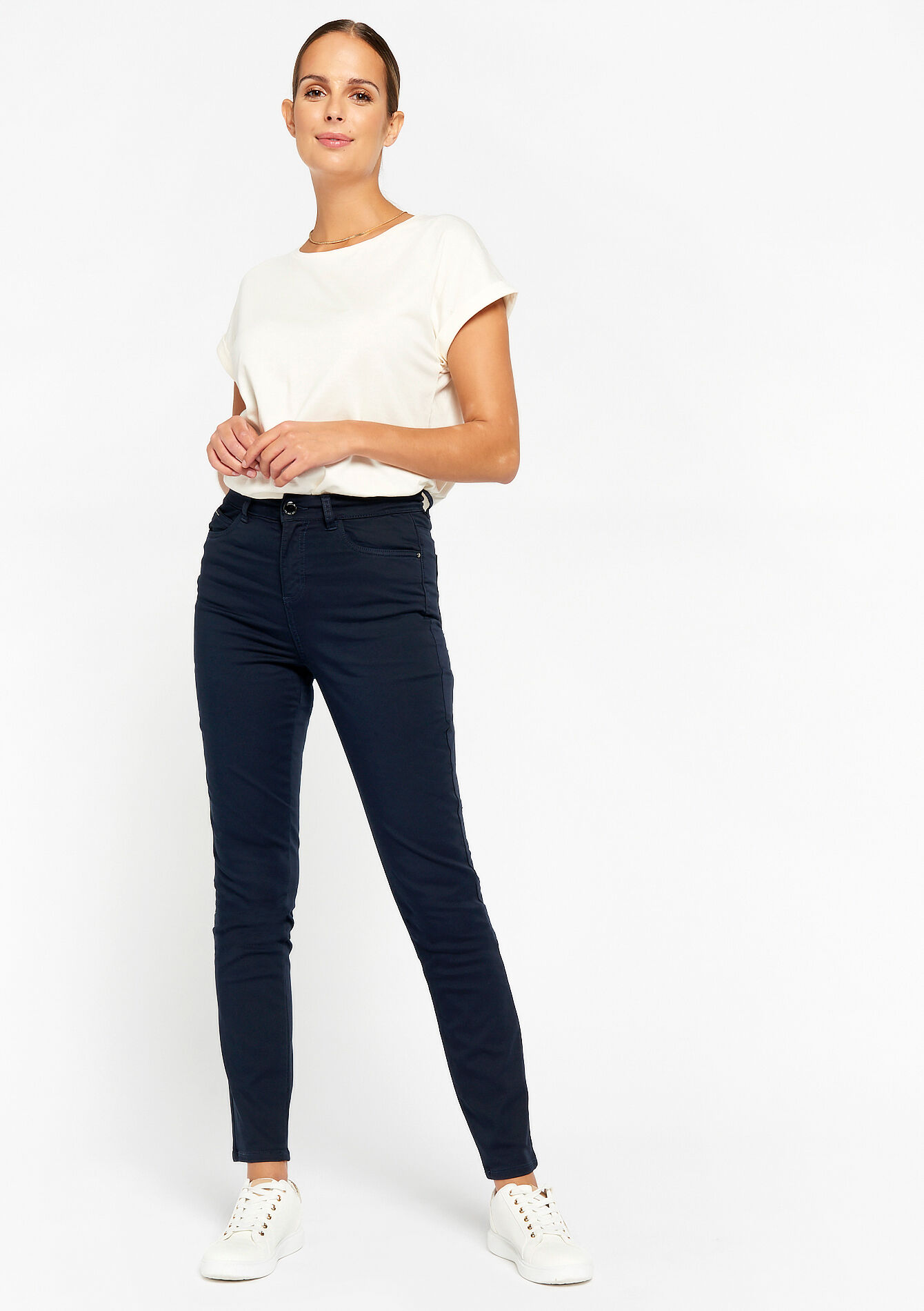 High-waisted skinny trousers, , back