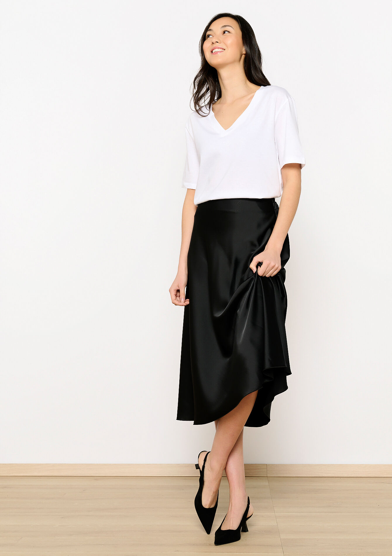 Satin midi skirt, , back