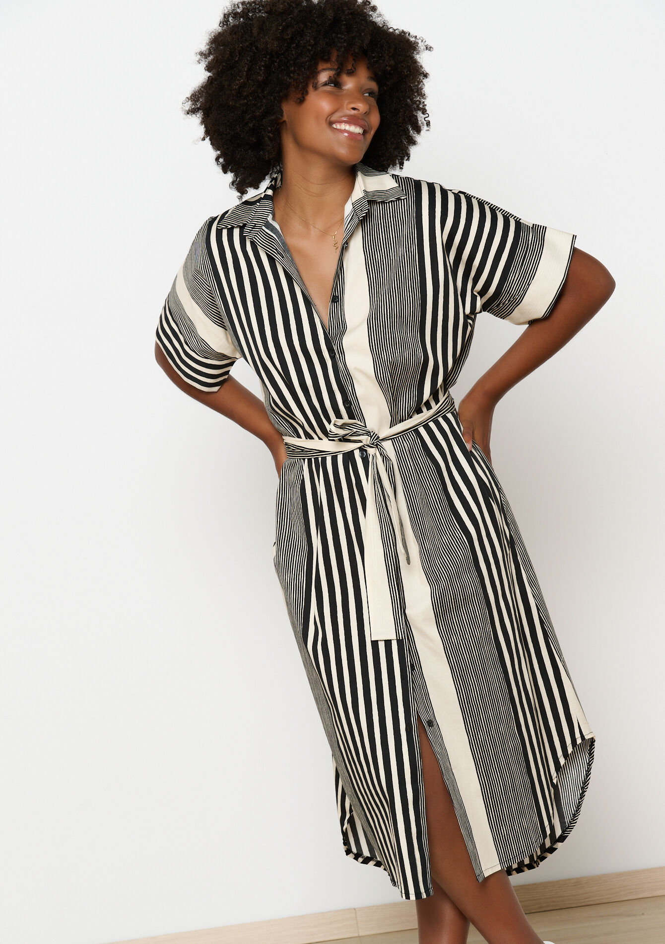 Midi striped shirt dress, , back