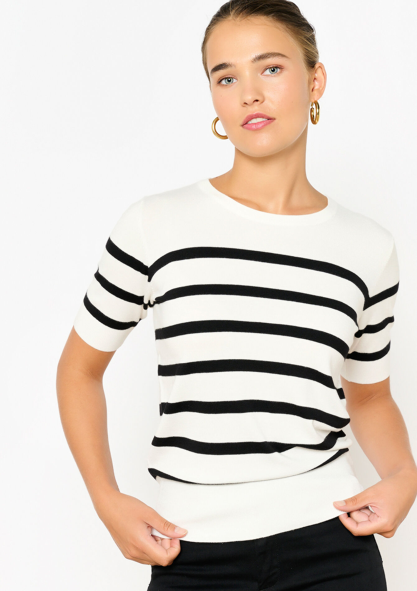 Striped short-sleeved jumper, , back