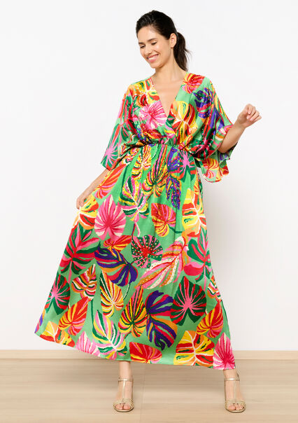 Satin dress with tropical print - GREEN APPLE  - 08602316_1783