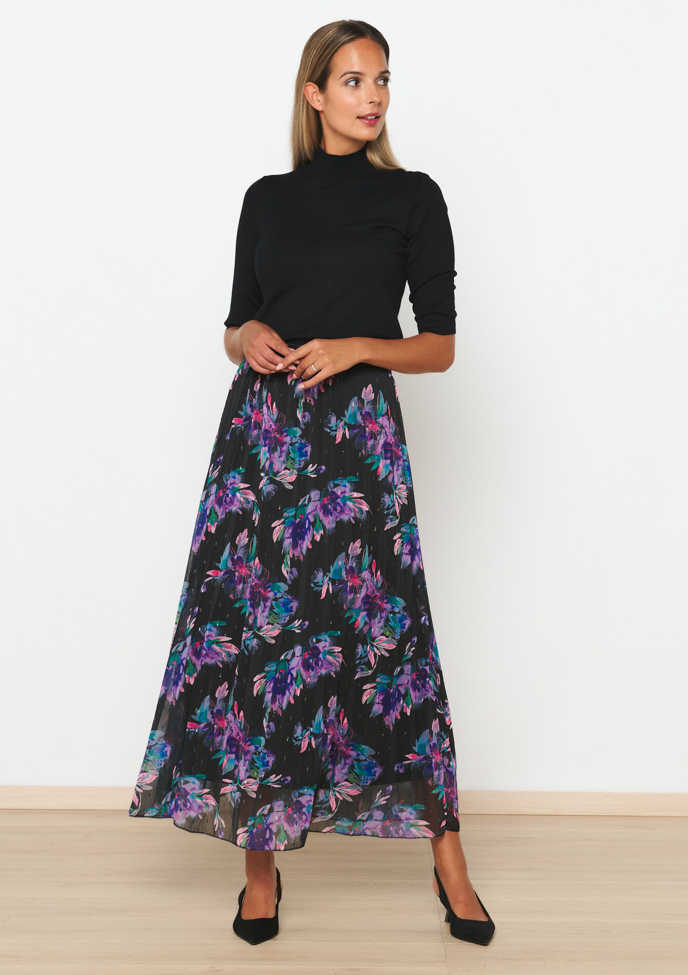 Lurex maxi skirt with floral print, , back