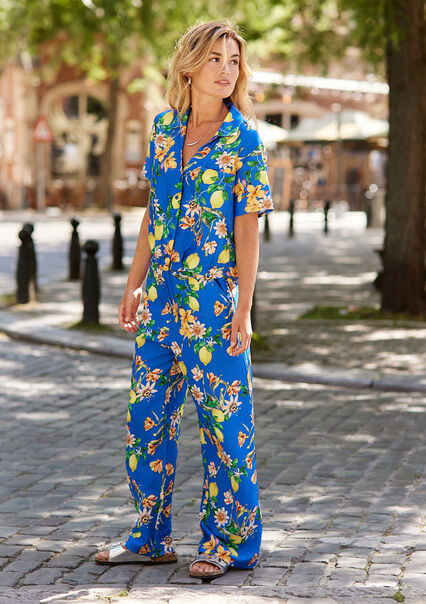 Loose pants with tropical print - ELECTRIC BLUE - 06600879_1619