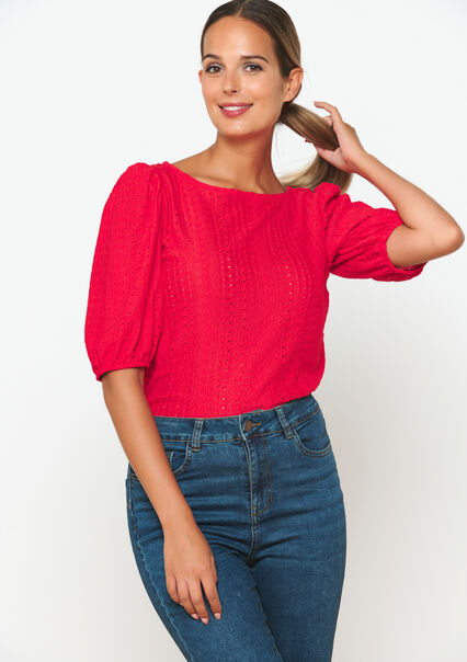 T-shirt met broderie anglaise - RED LIPSTICK - 02301653_5310