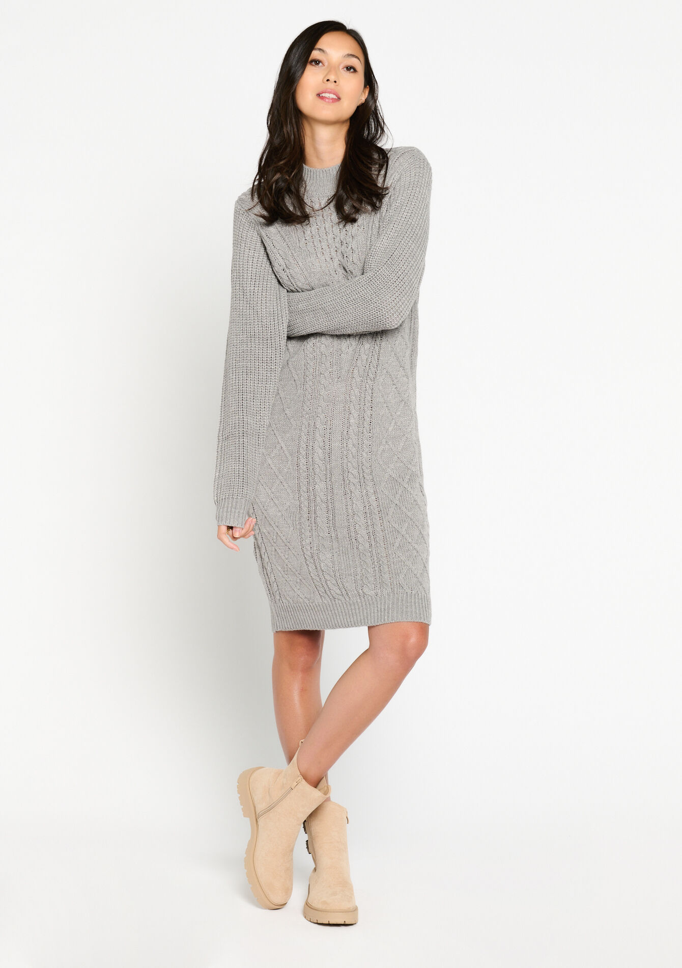 Cable-knit pullover dress, , back