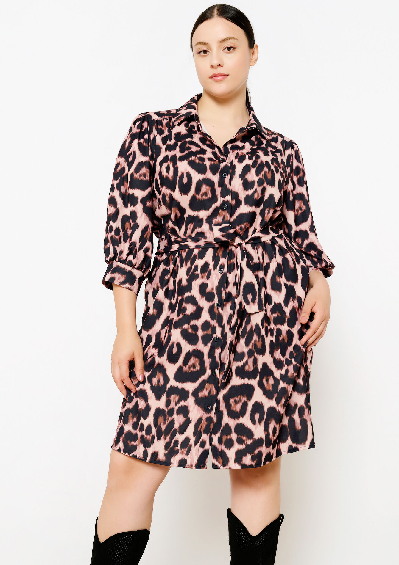 Leopard print shirt dress, , back