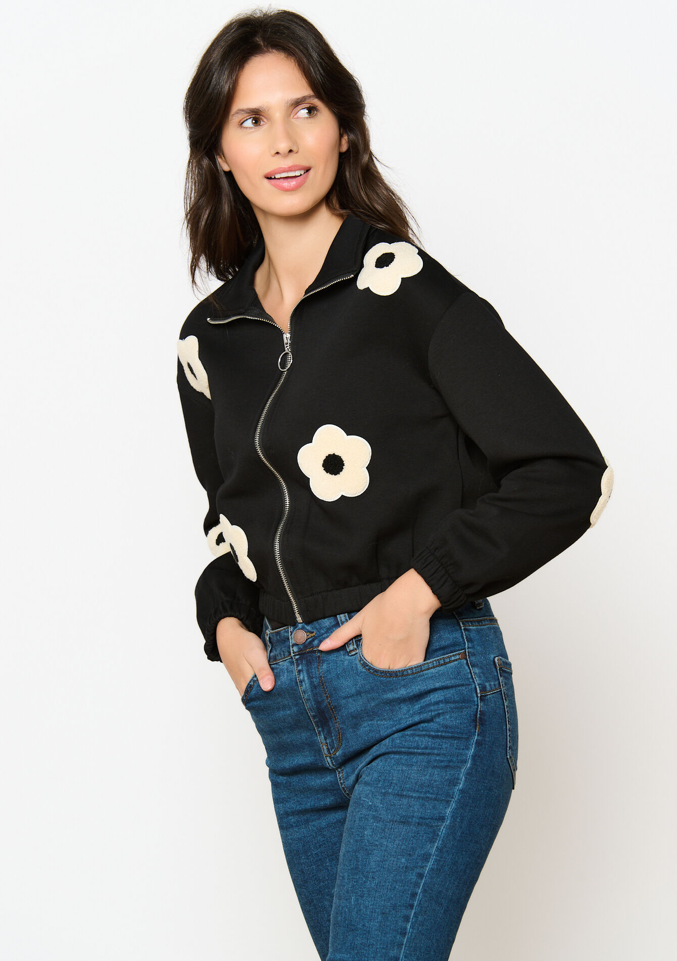 Bomber jacket with flowers, , hi-res