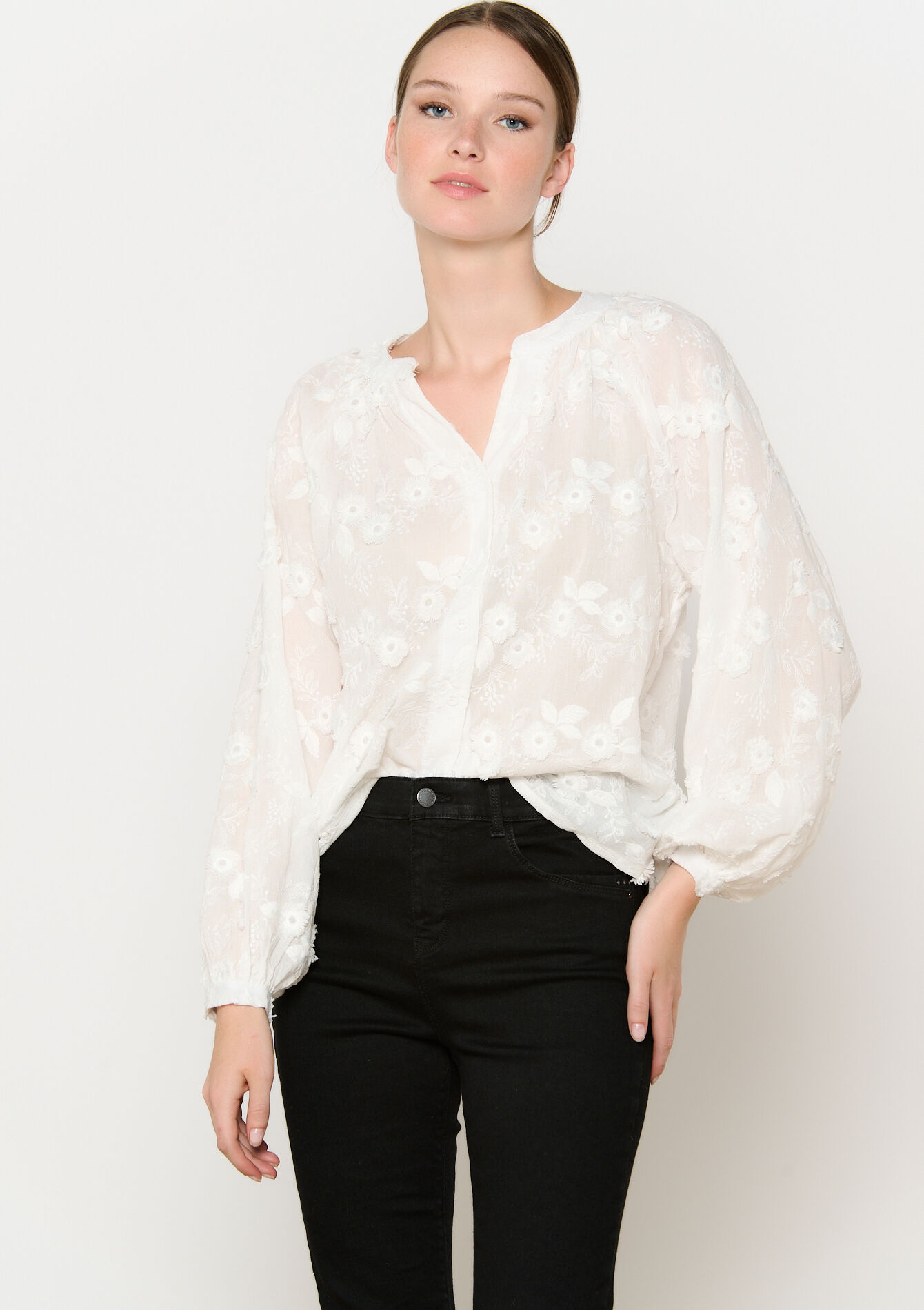 Embroidered floral shirt, , back