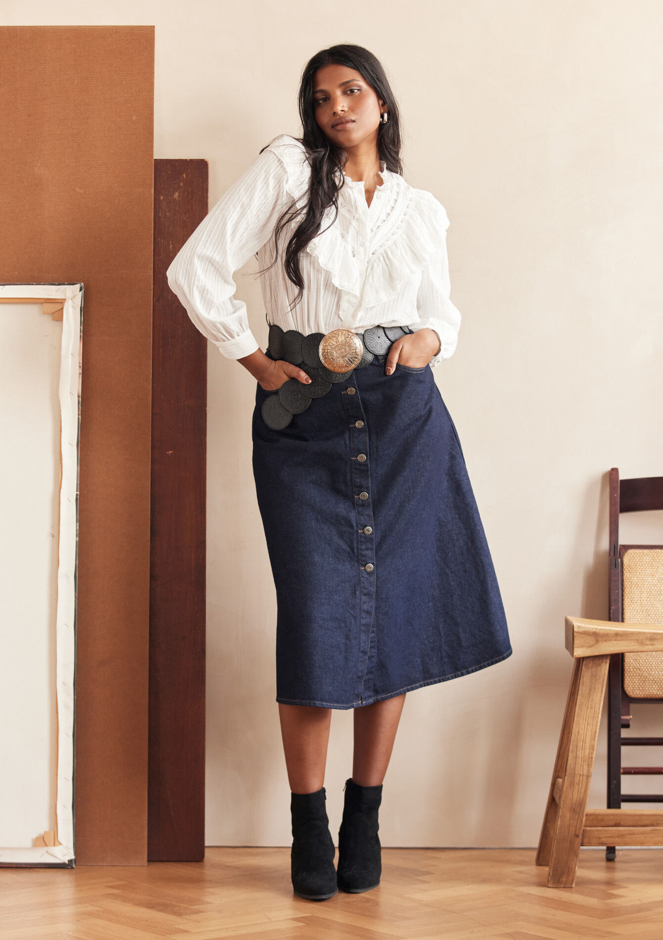 Midi denim skirt, , back