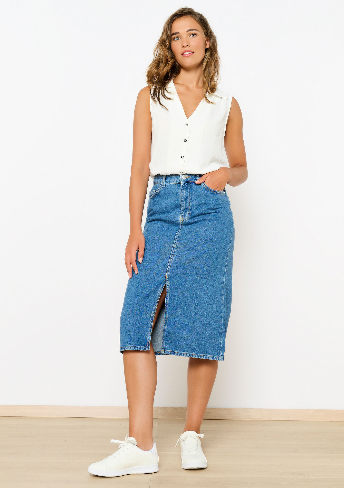 Jupe mi-longue en denim, , back