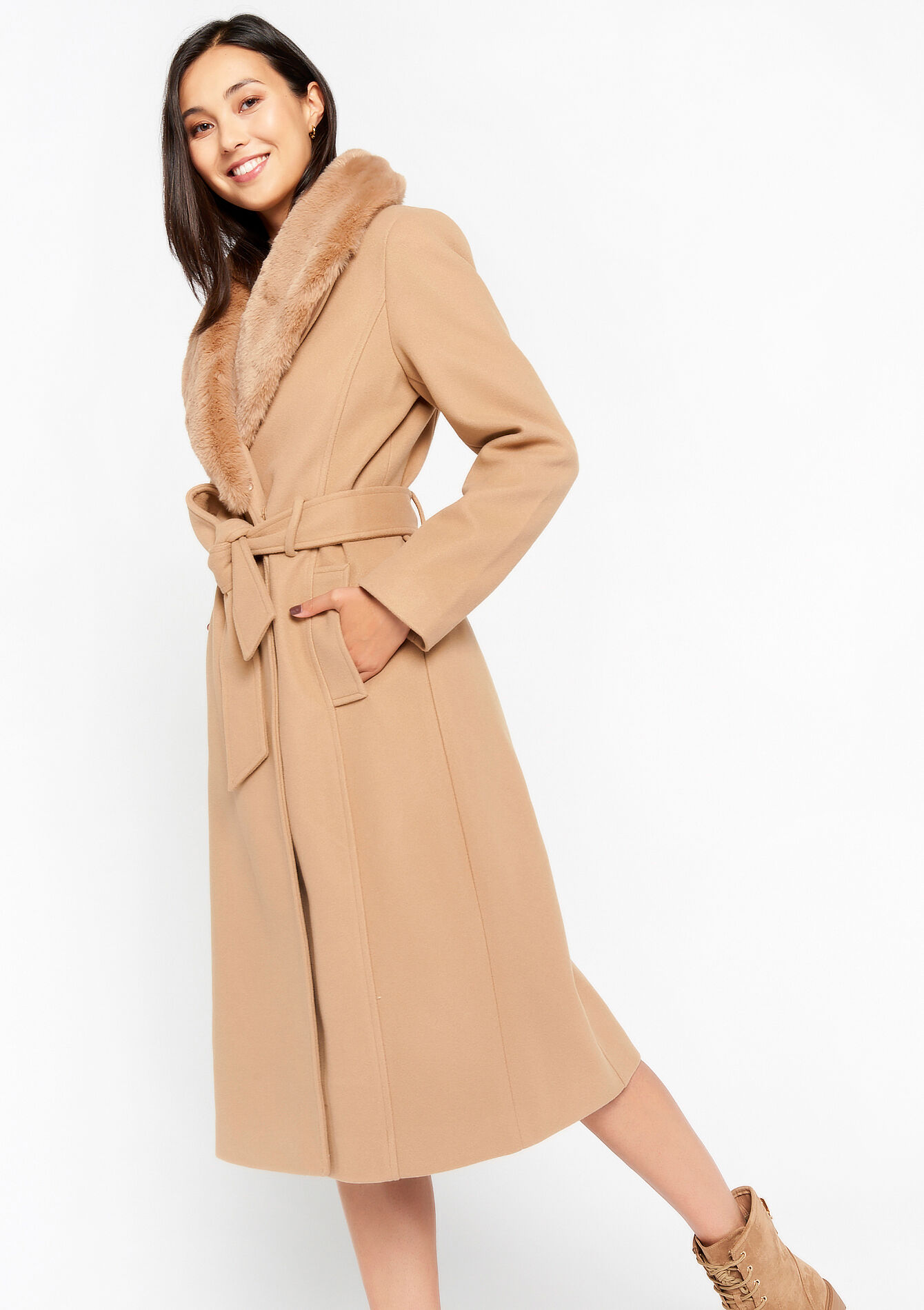 Long coat with faux fur collar, , back