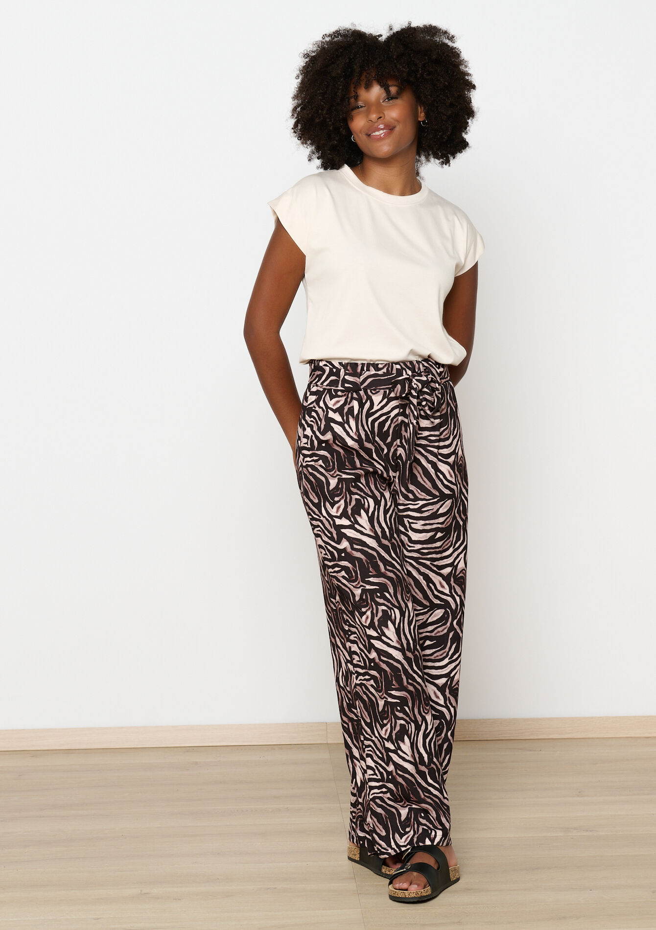 Loose leg trousers with zebra print, , back