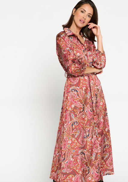 Satin shirt dress with paisley print - CAMEL BROWN - 08602185_3818
