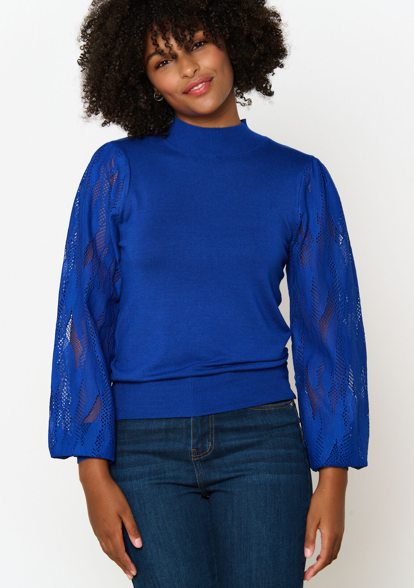 Sweater with mesh sleeves, , hi-res