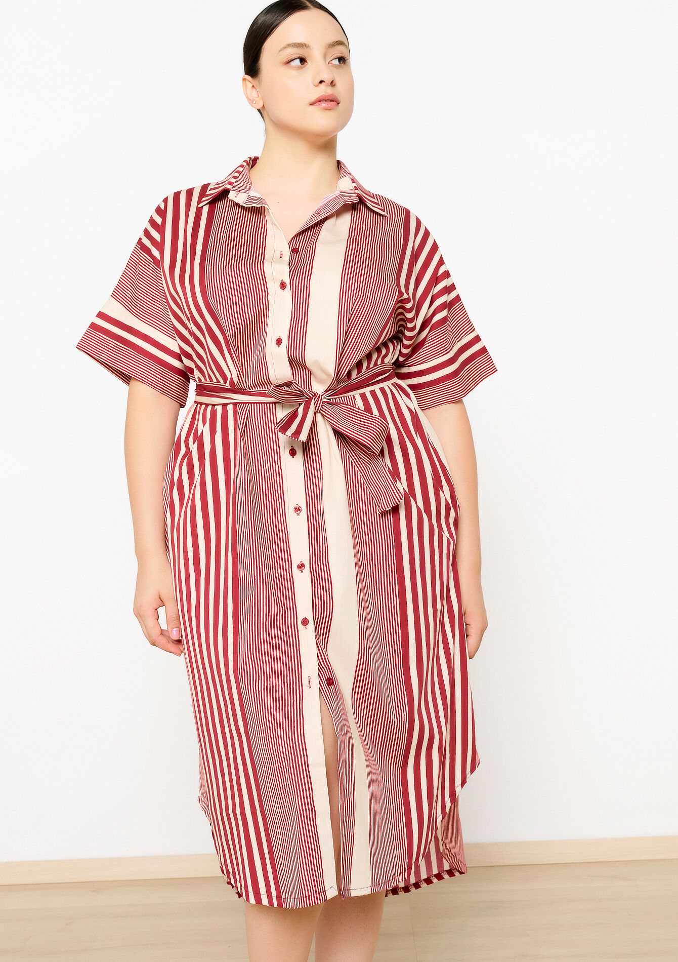 Midi striped shirt dress, , back