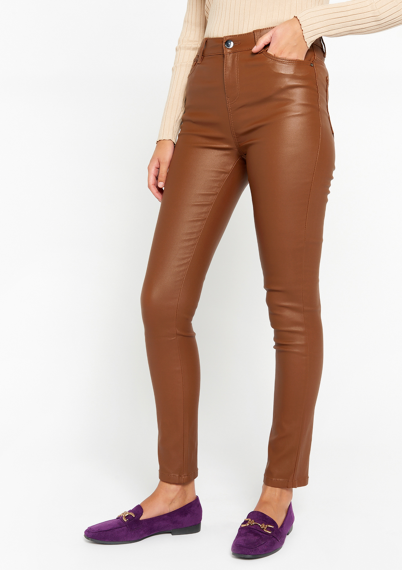Camel PU Coated Skinny Jeans - Rachell – Rebellious Fashion